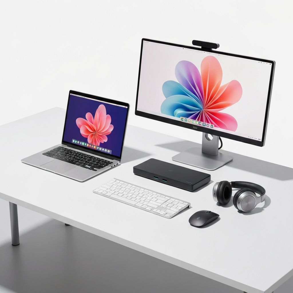 Modern workstation setup with monitor, laptop, and peripherals